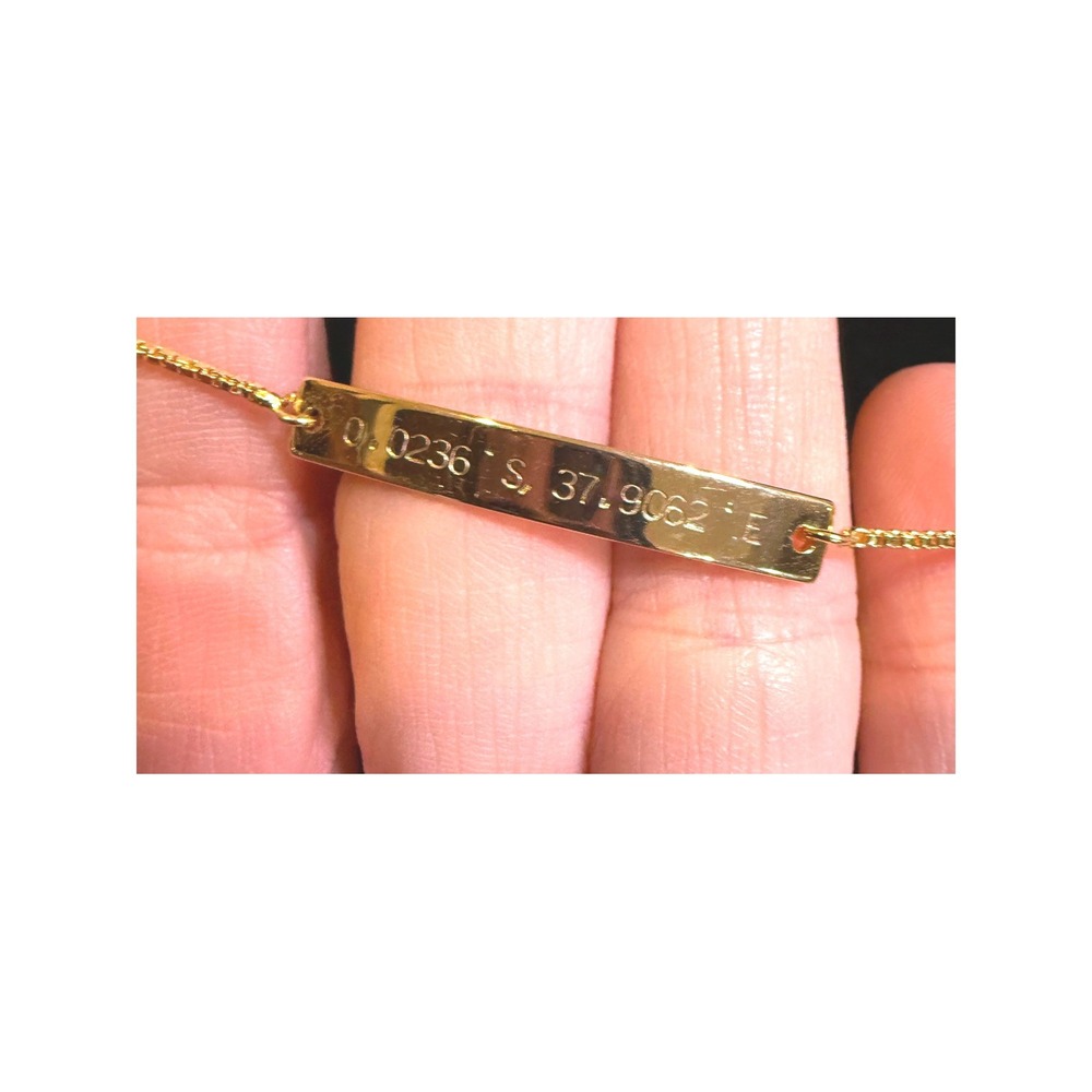 Gold Tone Engraved Coordinates‎ Bar Bolo Bracelet Adjustable Box Chain Crystal